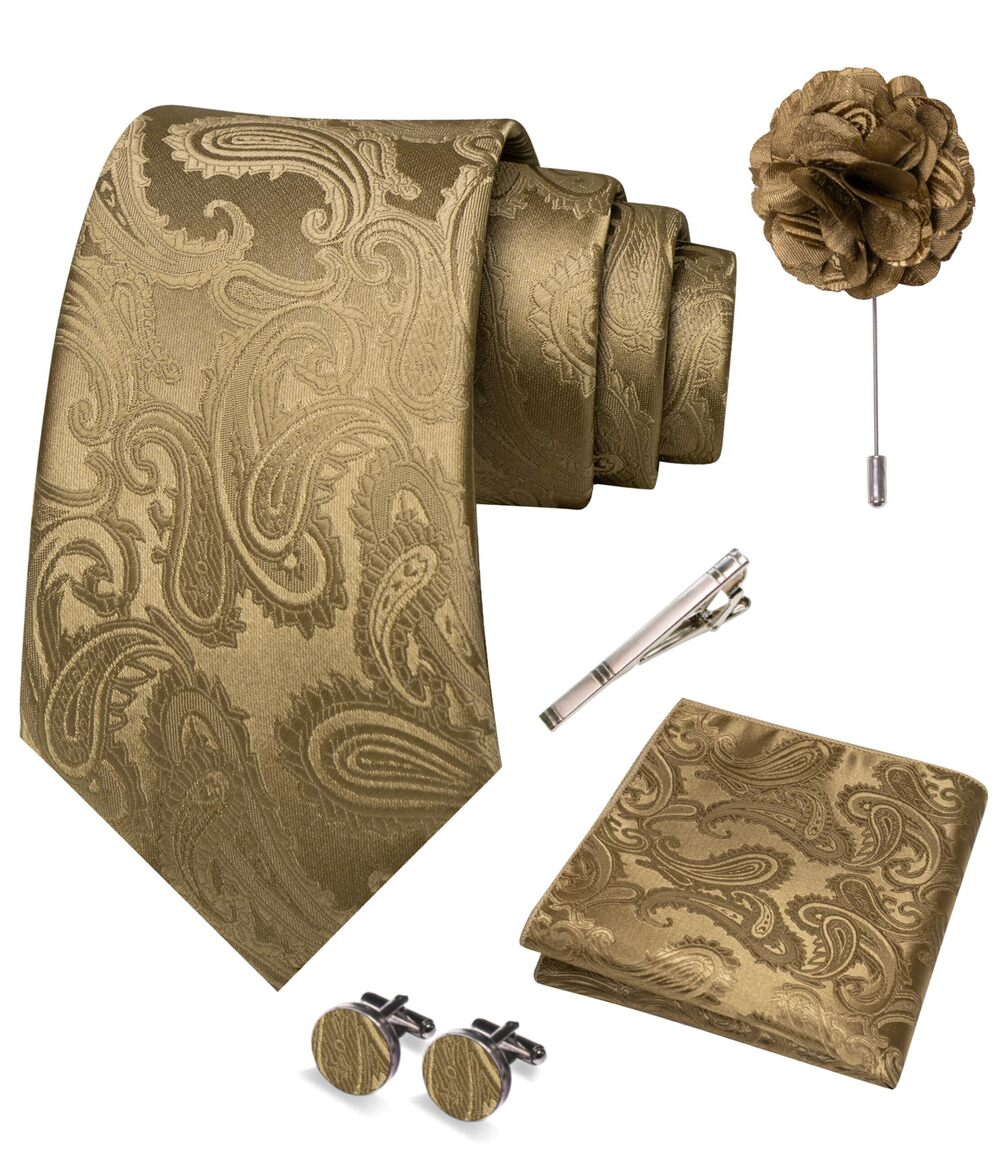8241 Tan Paisley Tie Necktie and Pocket Square with Lapel Pin,Cufflinks,Tie
